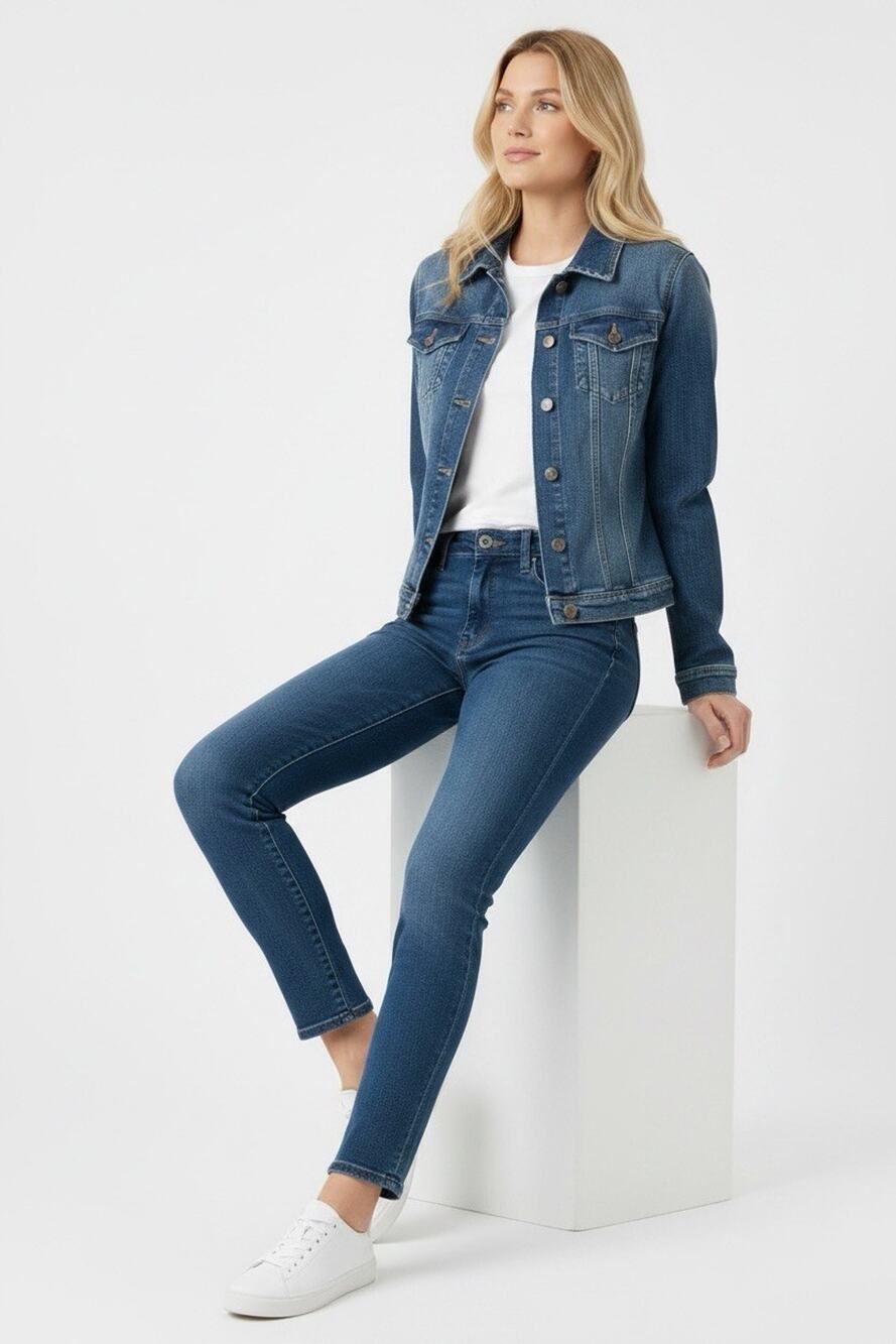 Live A Little Blue Denim Jacket Stretch Button Front Women’s Size Large Classic